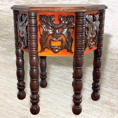 Vtg TIKI Side Table Solid Oak Hand Carved 6-Sided 18  x 15  Hawaiian Mid-Century