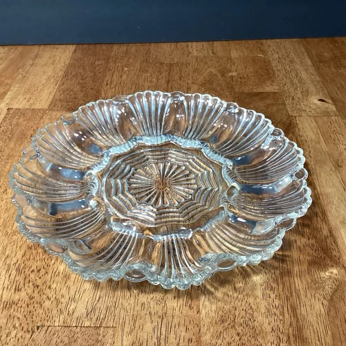 Vintage 10" Anchor Hocking Deviled Egg Tray/Plate Scalloped Clear Glass