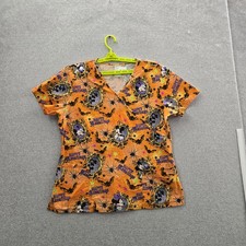 Disney Women Scrub Top L Orange Graphic Mickey Mouse Halloween Short Sleeve