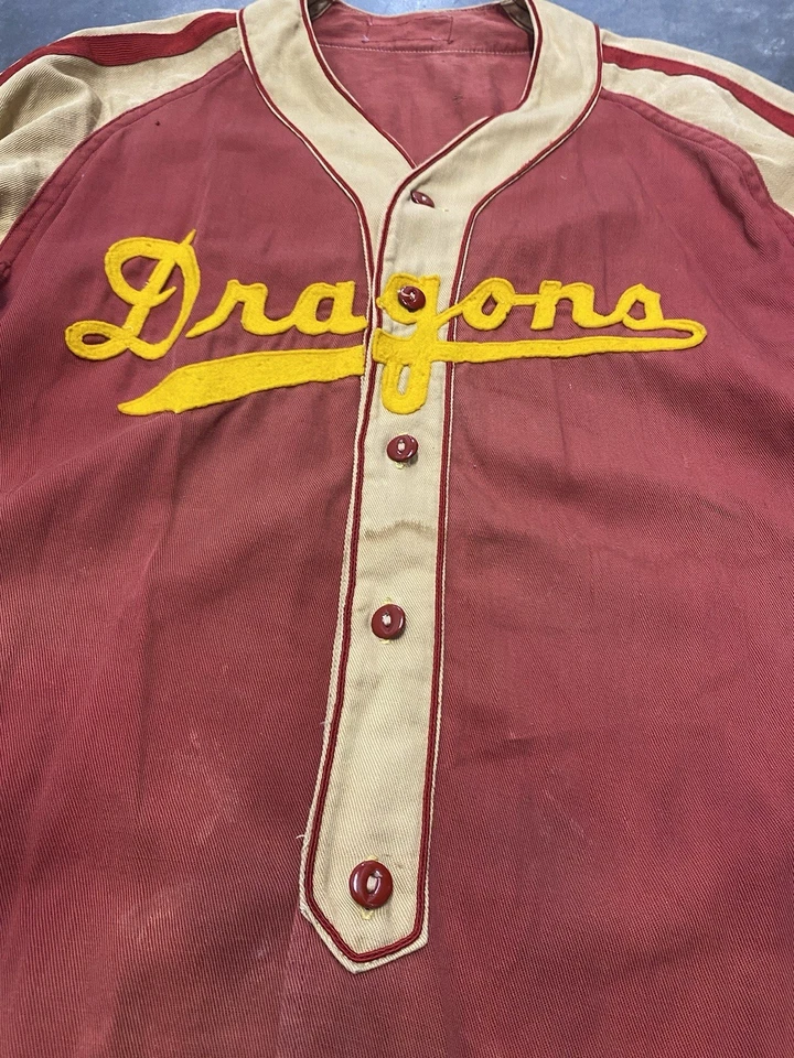 Camiseta de beisebol vintage 1940’s Reamstown Dragons algodão dois tons usada em jogos - Imagem 2 de 4
