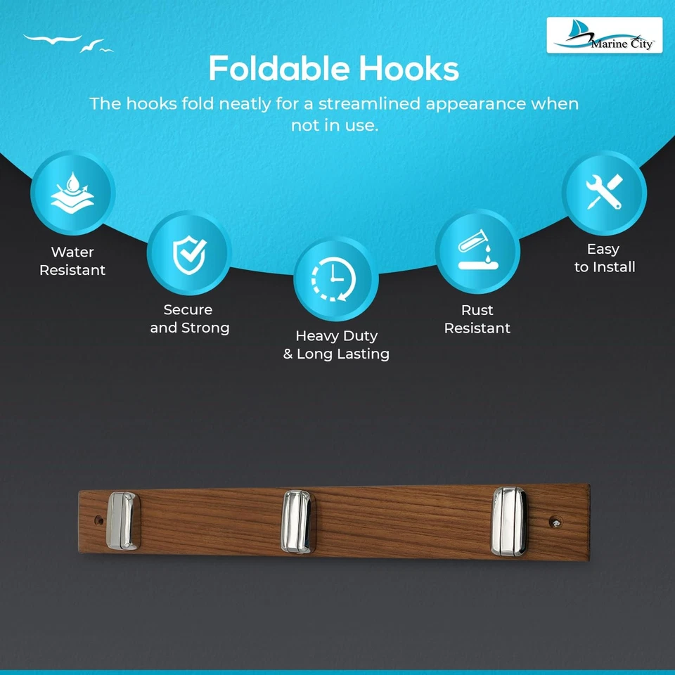 Gancho Estante con Base de Madera de Teca y Ganchos Plegables de Acero Inoxidable 316, Duradero... Foto 4 de 4