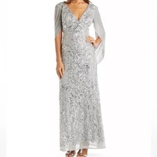 NWT R M Richards Silver 16 sequin gown w/cape formal bride prom evening