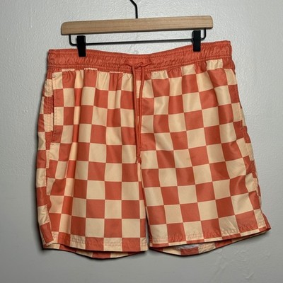 Mad Engine Mens Swim Trunks L Orange Peach Checkered Lined Shorts Beach