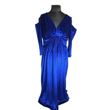 Vtg 60's 70's Blue Velvet Cold-Shoulder Renaissance Evening Maxi Dress