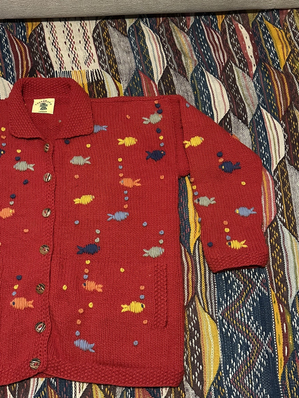 Vintage Pachamama Hand Knitted Wool Red & Multi Nautical Fish Pockets Cardigan