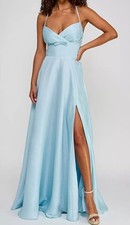 B Darlin Women's Juniors' Blue Satin Pleated-Bodice Surplice Dress Size 7/8