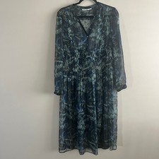 Roller Rabbit Navy Silk Metallic Fern Print Midi Dress Sheer Boho Size XS