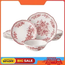 The Pioneer Woman Agatha 12-Piece Stoneware Dinnerware Set, Red