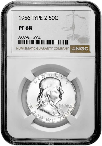 1956 Type 2 50C Proof Silver Franklin Half Dollar NGC Graded PF 68 in New Holder