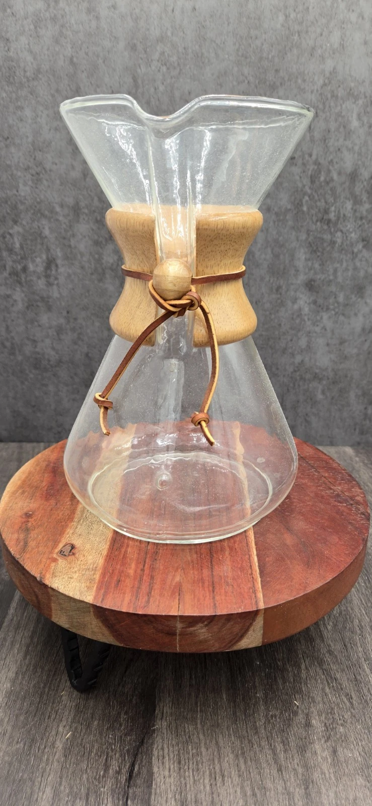 Vintage Pour Over Coffee Maker Glass 9.5" Wood Collar Leather Tie Brewer