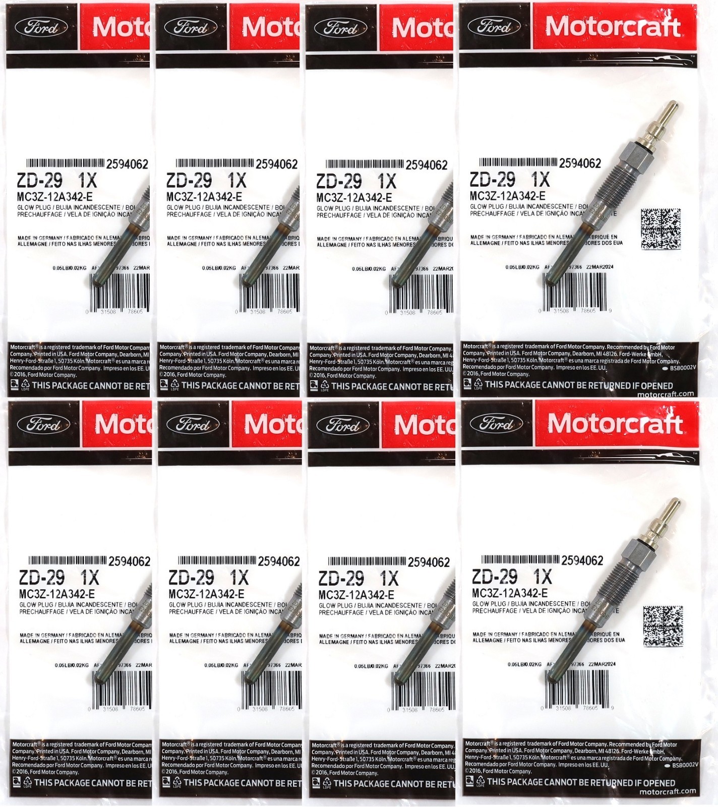 Set of 8 Ford Motorcraft ZD-29 Glow Plugs MC3Z-12A342-E For 1988-1994 7.3L IDI