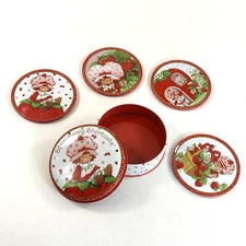 Strawberry Shortcake Coaster Set In Tin Set Of 4 Round Cork Back Cartoon VTG