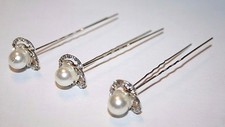 Wedding Hairpins, Hair pins with Rhinestone and Pearl, Silver Color Metal 3pcs 