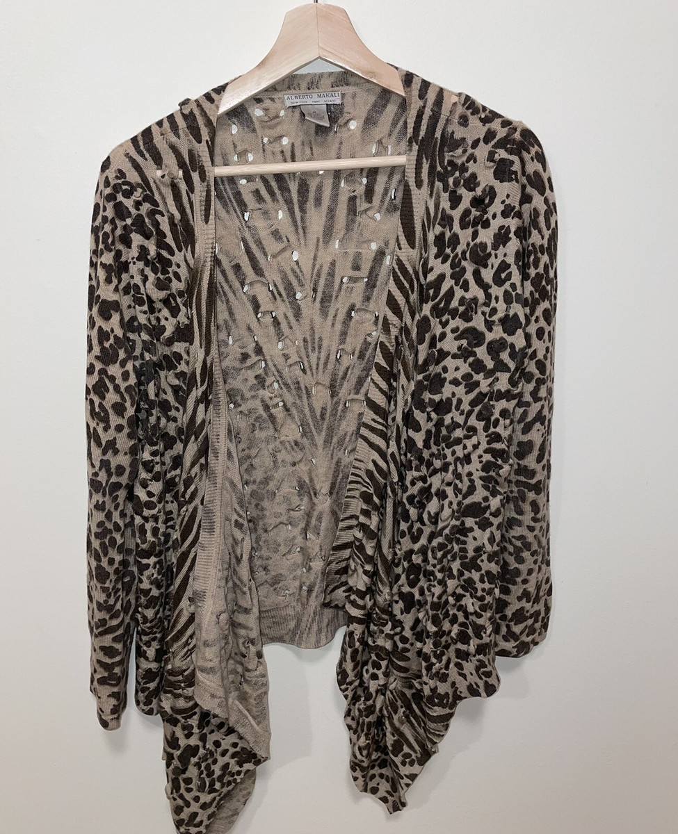 ALBERTO MAKALI Wool Blend Animal Print Eyelet Open Front Draped