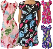 Exotic Hawaiian Smocked Summer Short Sleeves Floral Causal Short Dress