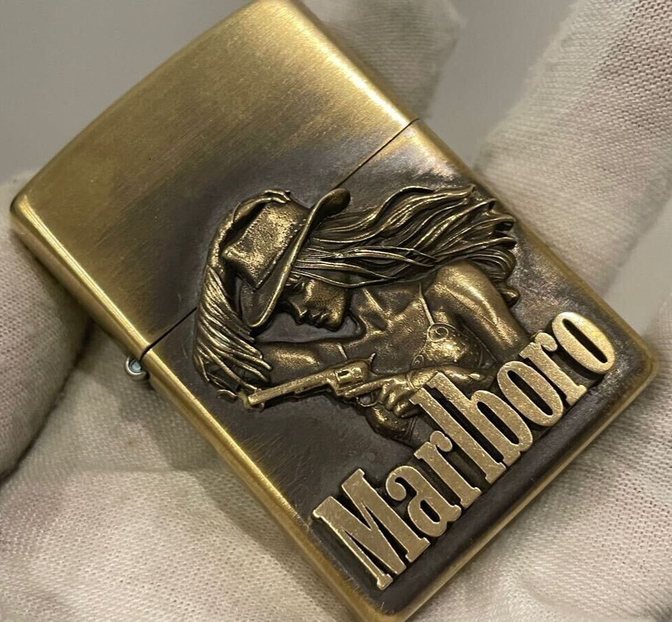 Zippo Marlboro Cowgirl Metal Logo Women Gun Etching Antique