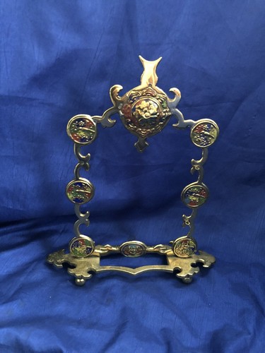 Vintage Antique Chinese Cloisonné Brass Gong Temple Bell Frame (No Bell) Symbols - Picture 11 of 12