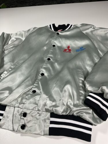 Vintage Mitsubishi Satin Bomber Jacket Sz M Chrysler Motors Made In USA 80s - Picture 2 of 7