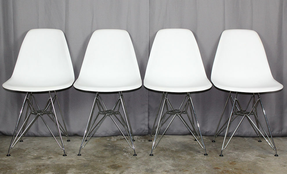Modern set of 4 white plastic & wire Eiffel base DSR style shell chairs Vitra ?