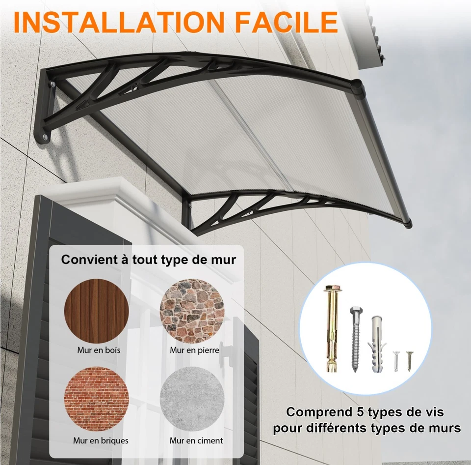 Marquise en Polycarbonate Marquise de Porte, Auvent de Porte d'entrée Toit  - Photo 3/4