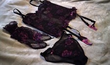 Vintage Undercover Wear Bustier Black  Purple W/ Panty  Gloves -Size 34- NWOT