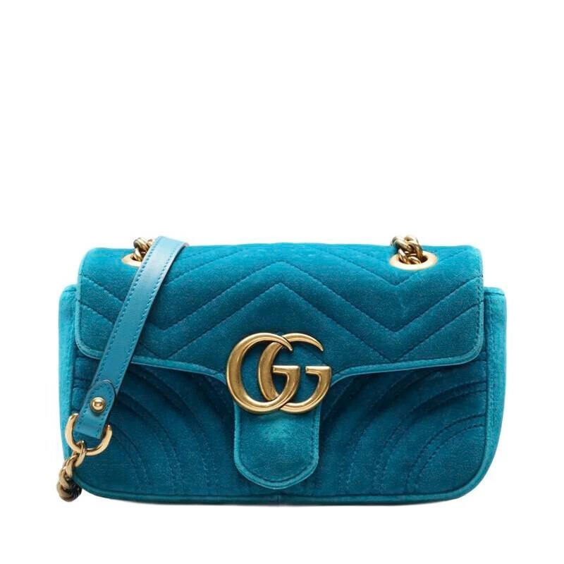 Gucci mini sac à bandoulière femme velours matelassé bleu vert GG Marmont 446744
