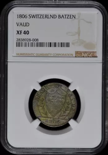 :1806 10-RAPPEN/1-BATZ SWITZERLAND KM# 8 NGC XF 40 LOW-POP RARITY R-10 TOP-POP  