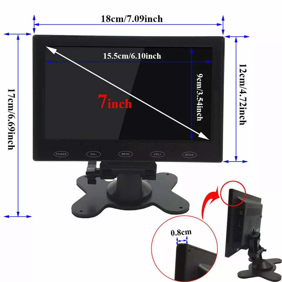 Mini 7" LCD CCTV PC Monitor Screen HD 1024*600 AV/RCA VGA HDMI 1080P w/ Speaker - Image 3 of 4