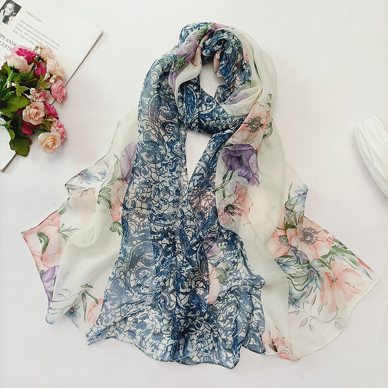 STORY OF SHANGHAI Sciarpa di 100% Seta da Donna Foulard Chiffon con Fantasie Orientale Semi-Trasparente 175 * 110CM Verde