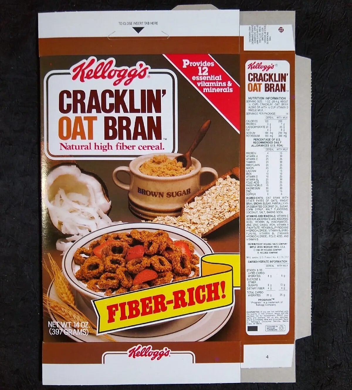 RARE! 1983 Kellogg's CRACKLIN' OAT BRAN CEREAL BOX Flat Empty Unused
