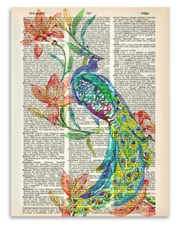Upcycled Dictionary Art - Colorful Peacock - 8.5x11 Inspiring Gift Under $20