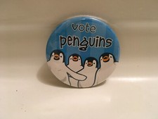 Vintage 2 1/2" Frontier Airlines Pin Back Button Vote Penguins, Joe Jim Jay Gary