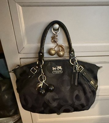 Coach Black Logo Satchel with Cherry Bag Charm, Double Handles, Silver Hardware