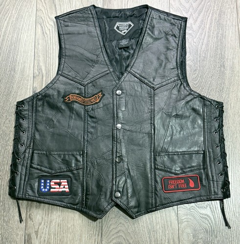 Diamond Plate Buffalo Leather Biker Vest Patches Motorcycle Ride Size L