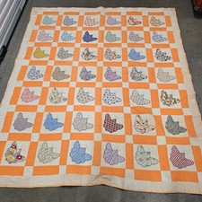 Orange Ivory Butterfly Applique Patchwork Quilt Gingham Backing 84x72