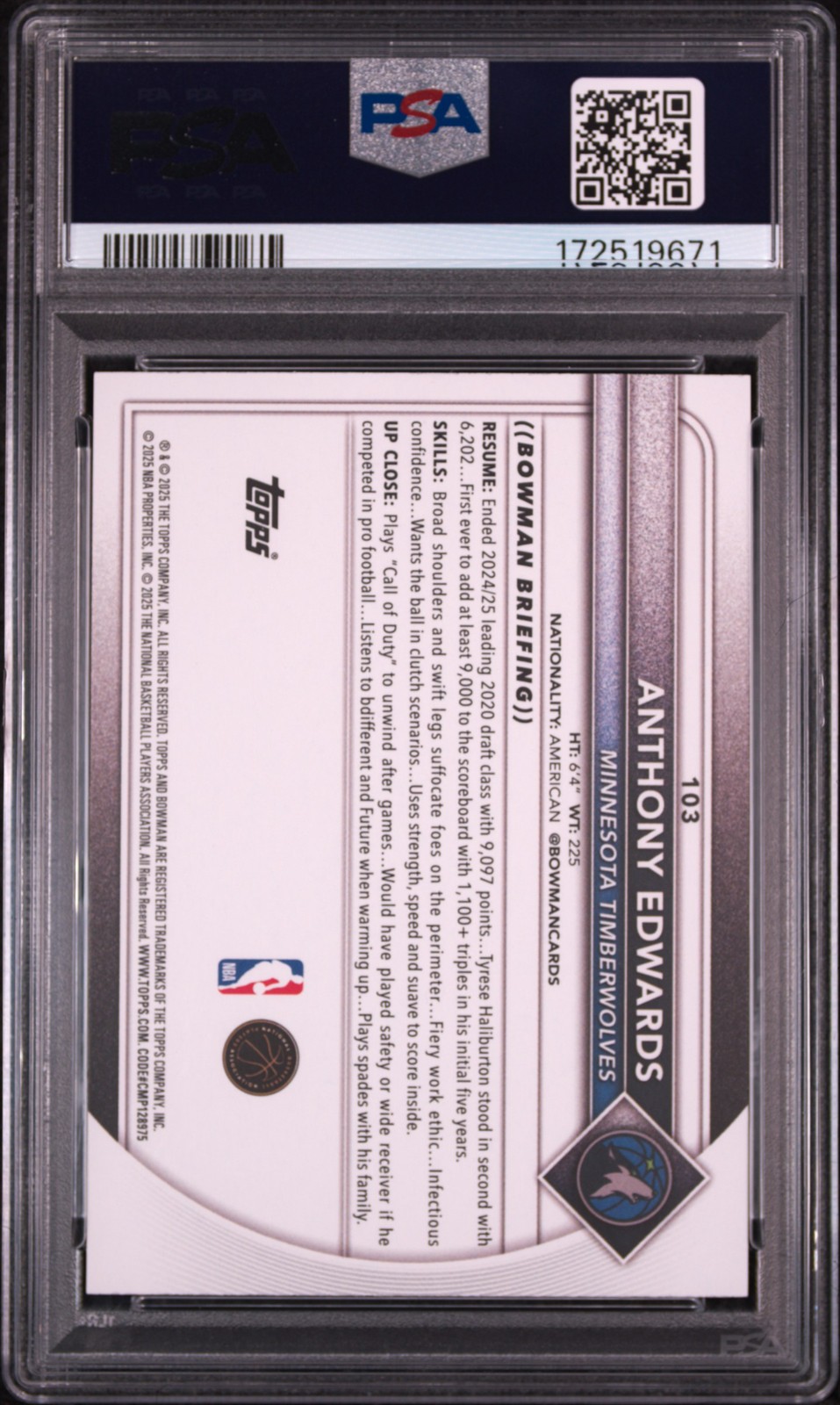 2025 BOWMAN PINK BORDER #103 ANTHONY EDWARDS 135/175 PSA 9 view 2