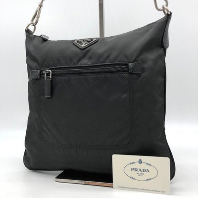 Prada Nylon Leather Crossbody Bag Black Triangle Logo Authentic Excellent Condi