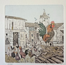 Norma Hauck 1983 Hand Colored Original Etching ROOSTER HENS CHICKS GEESE PIGEONS
