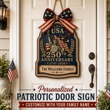 Personalized USA 250 Patriotic Wooden Sign, 1776 2026 Family Name Door Hanger