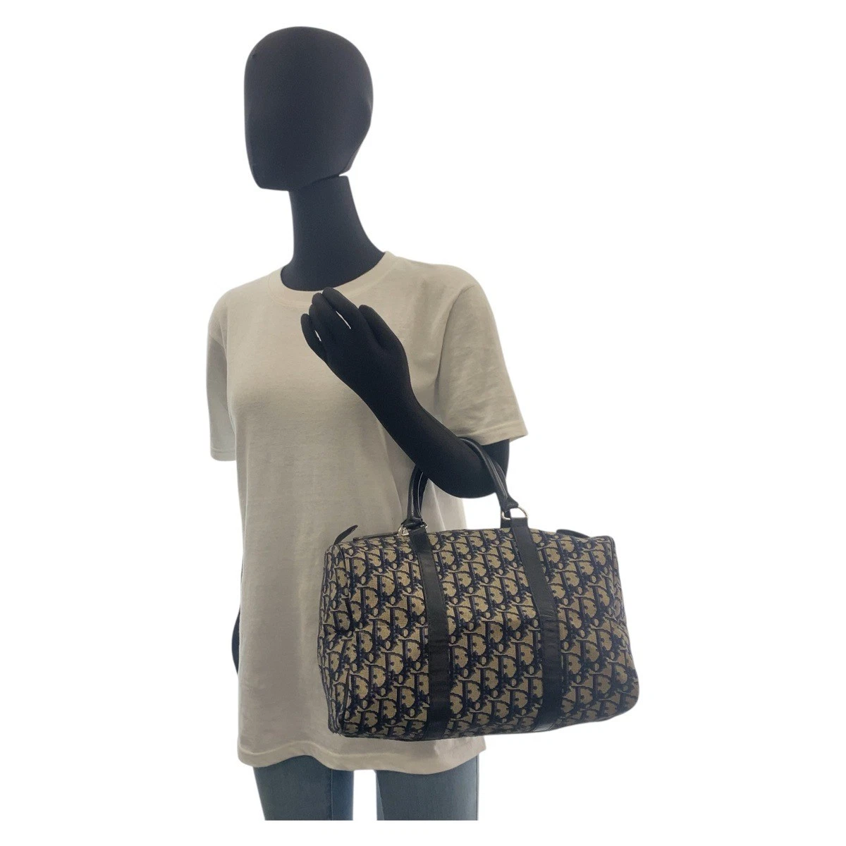 Christian Dior vintage Trotter borsa a mano boston blu navy argento tela hardware