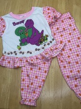 Vintage Barney Pajama Set Girls 2T Pink Floral Gingham Baby Bop TV 1997