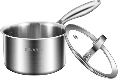 DELARLO Tri-Ply Stainless Steel 1 Quart Saucepan with Lid, Compatible 1.0QT 