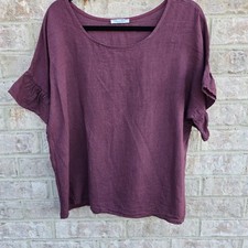 Elena Baldi Womens 100 Linen Top Shirt Ruffle Sleeves Burgundy Italy Sz Large