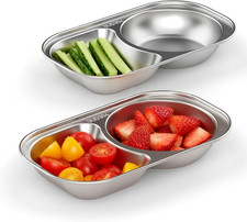 2PCS Stainless Steel Toddler Plates with 2 Dividers, Kids Plates for Snack Porti