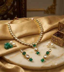 Authentic Green Kundan Necklace Set Gold Plated Bridal Wedding Jewelry Earrings for Women