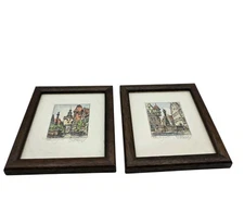 Set Of 2 Framed Hand Colored Signed Etching Rothenburg Germany Fountain Art 4.5"