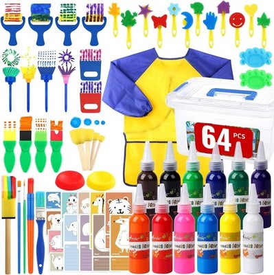 64 Pack Washable Paint Set, 12 Colors Non Toxic Finger Paints with Sponges, P...