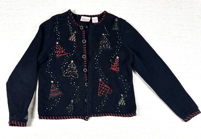 Basic Editions Holiday Christmas Tree Sweater With Beaded Accents Medium Black &