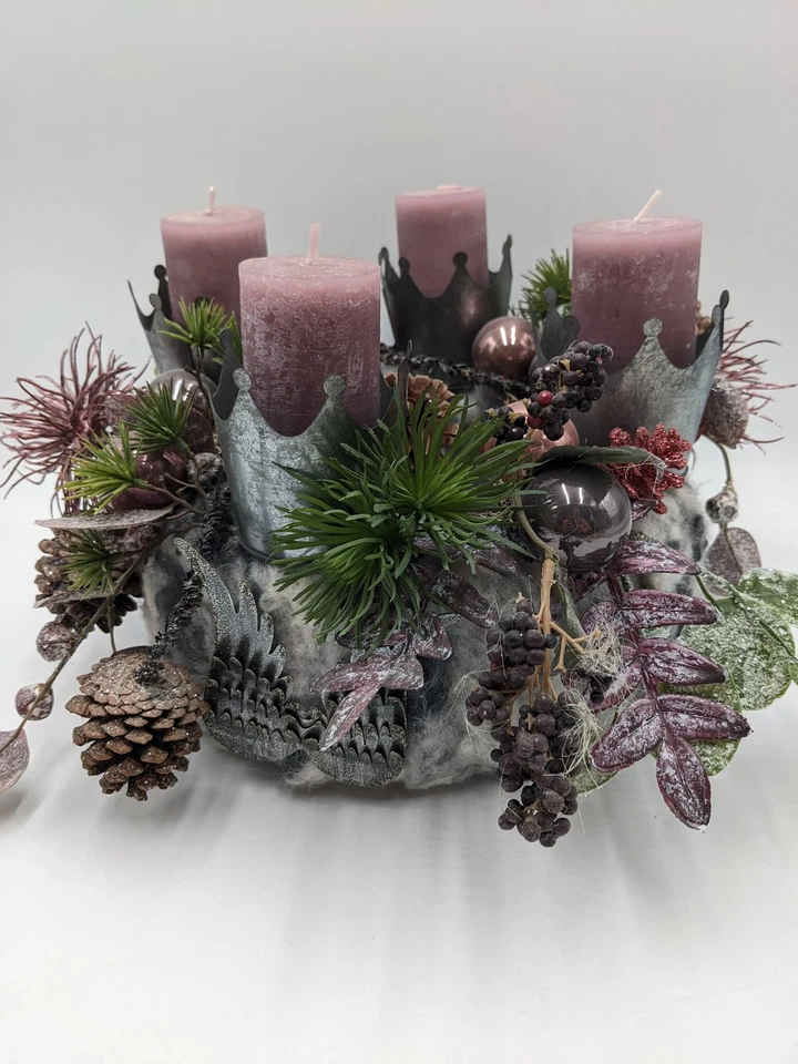 Adventskranz Kerzen Kugeln Kronen Zapfen rosa grau - Bild 4 von 4