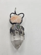 Artisan Sterling Silver Carved Coral Sand Dollar Quartz Crystal Pendant